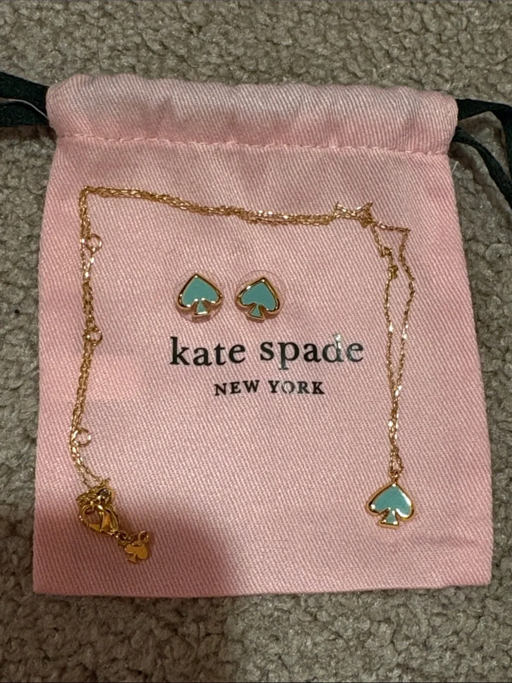 kate spade Gold Tone Necklace and Mint/teal Spade Stud Earrings Set
